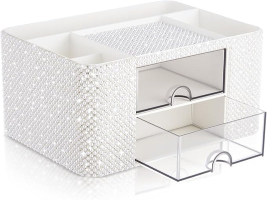 White Bling Desk Organizer with 2 Drawer, Sparkly Makeup Organizer for Vanity, Girly Desk Accessories, Rhinestone Pen Holder, Elevate Your Workspace with White Serenity (Pearl)