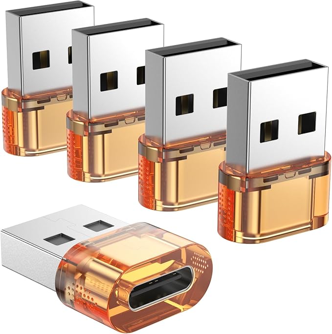 USB to USB-C Adapter 5 Pack, USB C Female to USB Male Power Charger Converter, USBC to A Adapter Compatible for Apple Watch Series/SE/Ultra 2 iPhone17/16/15 Plus Pro Max AirPods Pro（Orange）