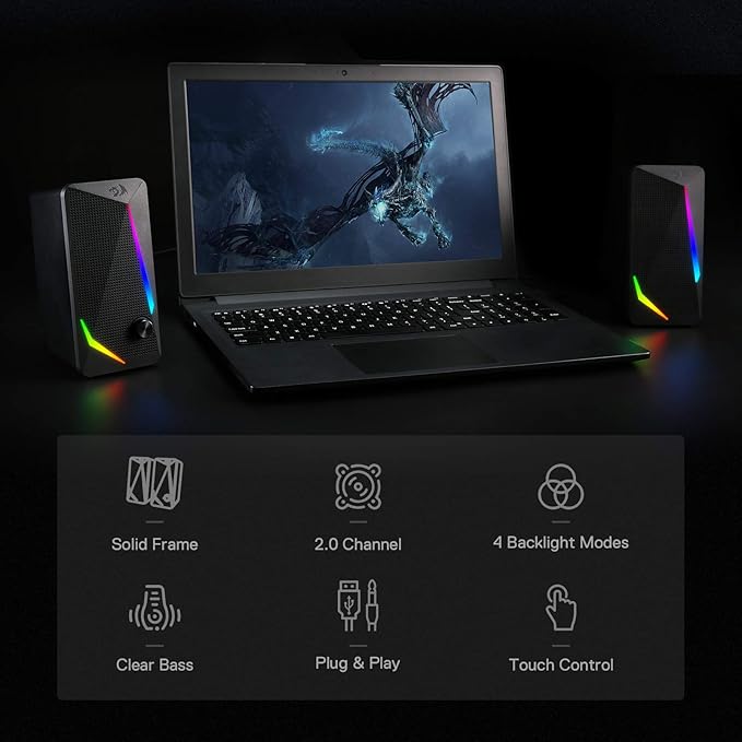 Redragon GS510 RGB Desktop Speakers, 2.0 Channel PC Computer Speaker with 4 Colorful LED Backlight Modes, Enhanced Bass and Easy-Access Volume Control, USB Powered w/ 3.5mm Cable