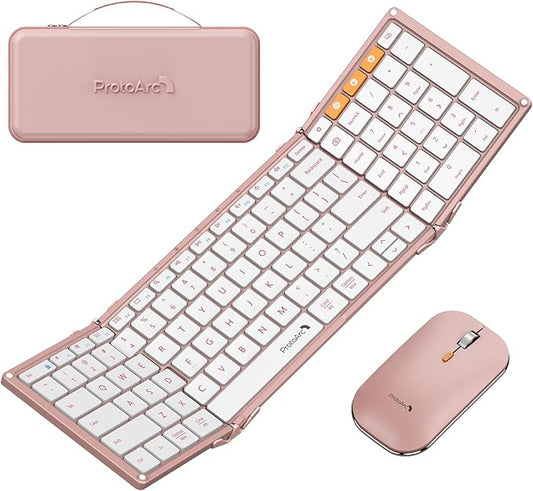ProtoArc Foldable Keyboard and Mouse, XKM01 True Full-Size Folding Wireless Keyboard Mouse Combo for Business Travel, a Portable Office Suite On-The-Go, Compatible with Laptop iPad Tablet - Pink