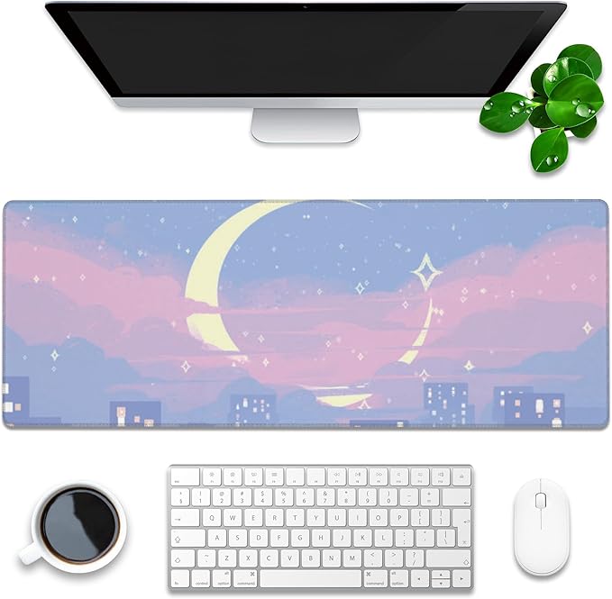 Desk Mat, Anime Moon City Night Scene Extended Gaming Mouse Pad Large, 31.5"x11.8" Big Mouse Pad with Non-Slip Base and Stitched Edge, Long Computer Keyboard Mouse Mat for Home Office Work