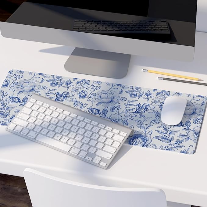 Blue Chinoiserie Mouse Pad,Blue and White Floral Desk Mat,XL Large Floral Preppy Trendy Mouse Pad,Girly Gaming Mousepad,Girly Laptop Desk Mat for Dorm Home Office Decoration,31.5x11.8 Inch