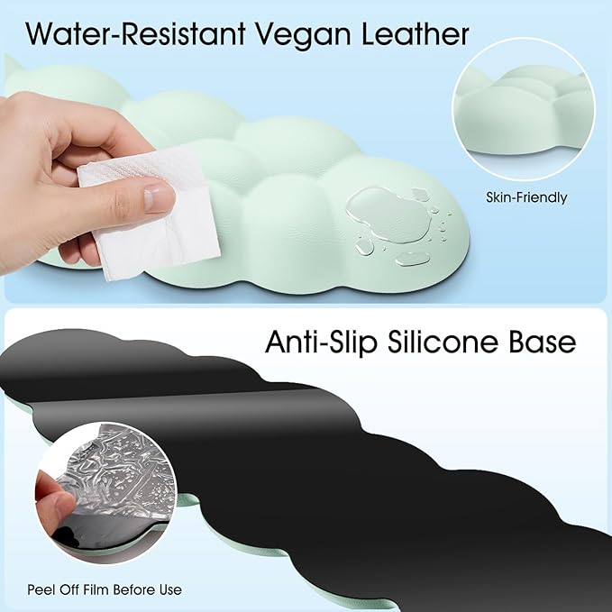 Cloud Wrist Rest Keyboard Cushion, 4-in-1 Ergonomic Cloud Keyboard Wrist Rest and Mouse Pad Set with Memory Foam Arm Support for Palm, Cute Desk Accessory for PC Gaming Setup, Light Green