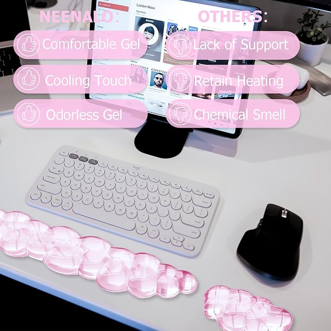 Gel Cloud Wrist Rest Keyboard, Cute Wrist Rest for Computer Keyboard, Ergonomic Keyboard Wrist Rest and Soft Mouse Wrist Rest for Typing Pain Relief, Suitable for Office, Home, Computer, Gaming, Pink