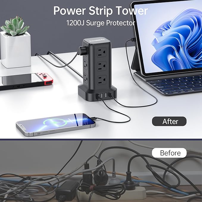 Extension Cord with Multiple Outlets, SMALLRT Surge Protector Power Strip Tower, 10FT Outlet Extender with 12 AC Outlets 4 USB, Power Strip with USB Ports for Home Office Dorm Room,Overload Protection