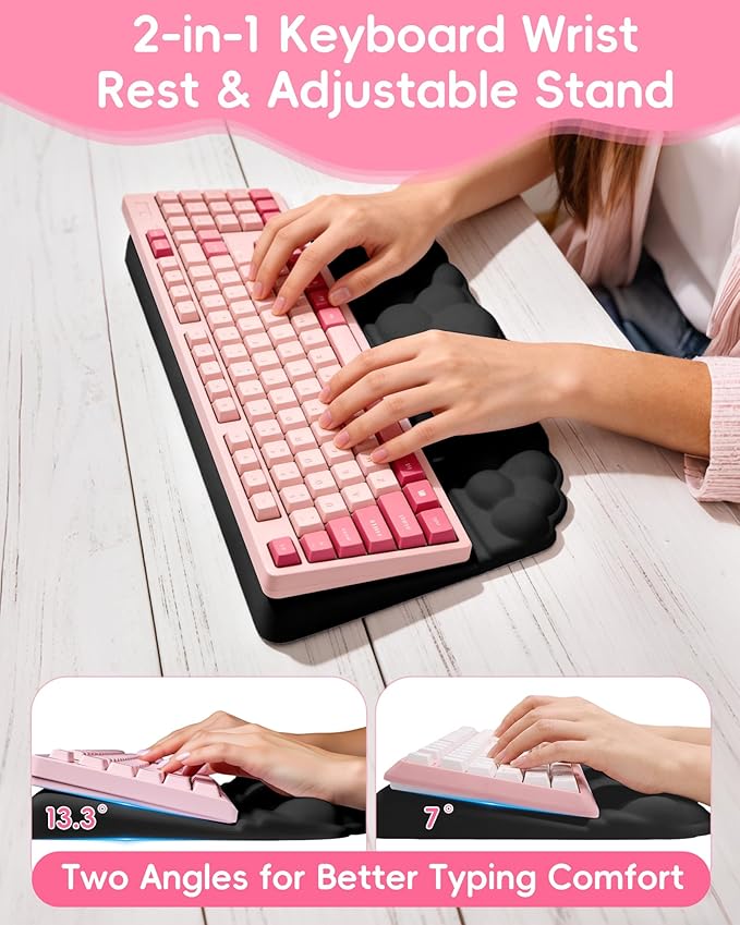 Cloud Wrist Rest Set for Keyboard and Mouse, 3-Piece Memory Foam Wrist Pad with Silky Lycra Surface, 2-in-1 Keyboard Wrist Rest & Stand, Two Typing Angles, Cute Cloud Desk Accessories (Classic Black)