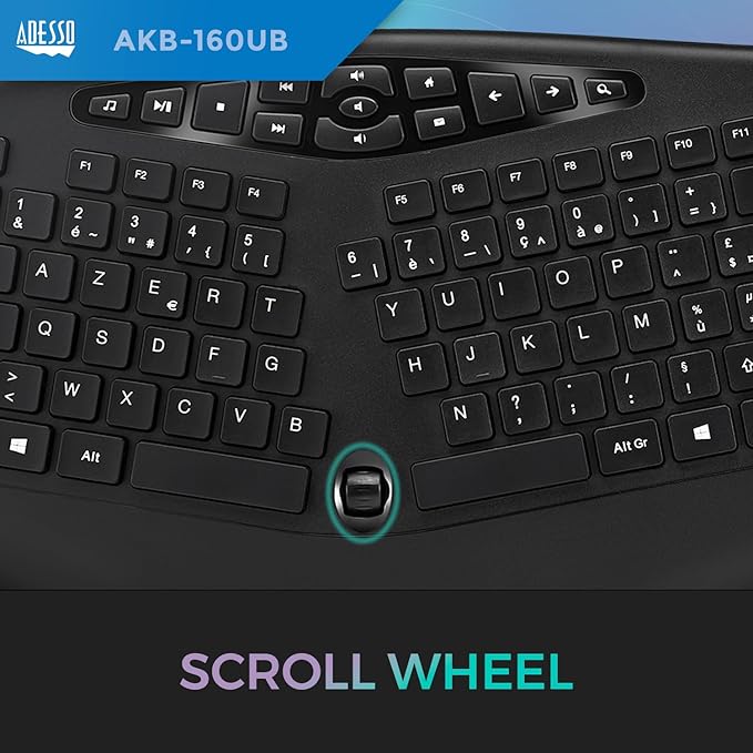 Adesso AKB-160UB Wired Ergonomic Keyboard with Integrated Palm Rest, Chiclet Keycaps, and Multimedia Hotkeys