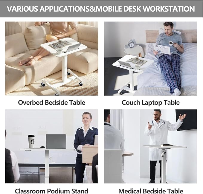 Mobile Standing Desk,Height Adjustable Home Office Desk with Wheels&Cup Holder,Hand Crank Sit Stand Desk and Laptop Cart,Computer Workstation for Home Office Classroom Hospital (Manual White)