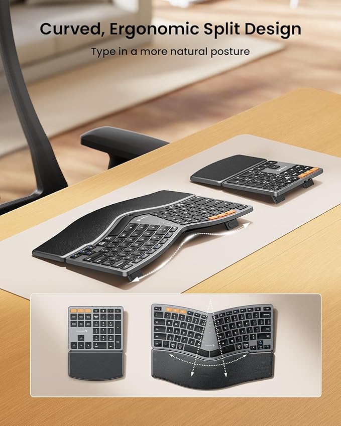 ProtoArc Bluetooth Ergonomic Keyboard, Wireless Ergonomic Keyboard with Separate Number Pad, Dual Bluetooth and USB, Hard Palm Rest, Split Design, Rechargeable for Windows/Mac/Android