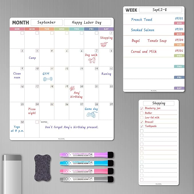 Magnetic Fridge Calendar Whiteboard, Dry Erase Calendar Set for Refrigerator - Vertical Monthly & Weekly Fridge Calendar with 1 List White Board, 4 Markers + Eraser