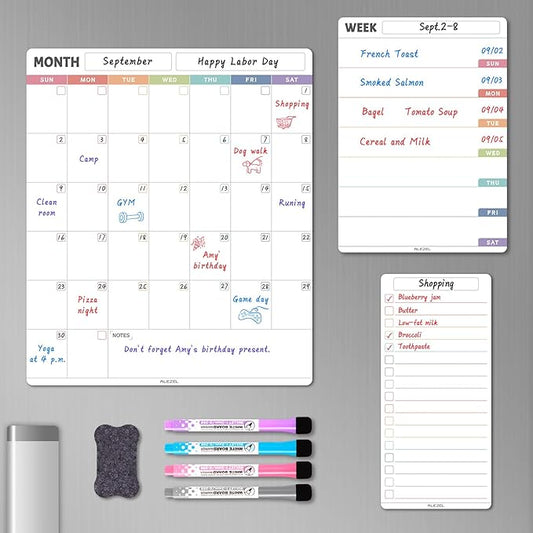 Magnetic Fridge Calendar Whiteboard, Dry Erase Calendar Set for Refrigerator - Vertical Monthly & Weekly Fridge Calendar with 1 List White Board, 4 Markers + Eraser