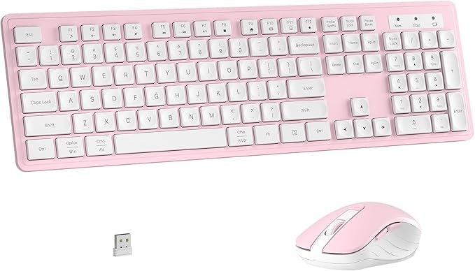 Wireless Keyboard and Mouse Combo, Full-Size 104-Key Office Keyboard with 15 Function Keys, Numeric Keypad, Single USB Receiver, Compatible with PC and Laptop(Pink White)
