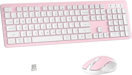 Wireless Keyboard and Mouse Combo, Full-Size 104-Key Office Keyboard with 15 Function Keys, Numeric Keypad, Single USB Receiver, Compatible with PC and Laptop(Pink White)