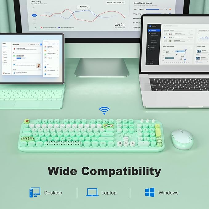 MOFII Wireless Keyboard and Mouse Combo - Pale Green Full Sized Plug and Play Colorful Computer Keyboards - 104 Keys Round Keycap USB 2.4G Cute Keyboard for Windows/Laptop/Mac/Desktop/PC