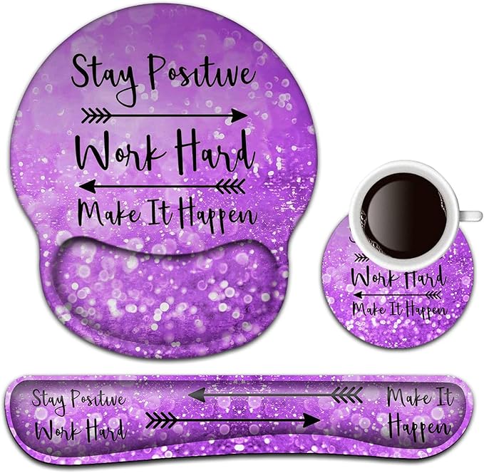 Keyboard Wrist Rest and Mouse Pad with Wrist Support, Ergonomic Mouse Pad Coaster,Easy Typing Pain Relief,Keyboard Mousepad Set,Stay Positive Work Hard and Make It Happen Purple Glitter