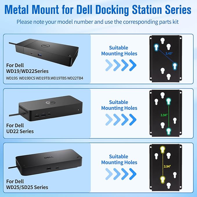 Under Desk and Wall Mount for Dell Docking Station,Metal Mount for WD19 WD19S WD19TBS WD22TB4 UD22 WD25 SD25 Series Dock & Power Adapter Mounting Bracket,Docking Station and Power Bricks Holder Kit