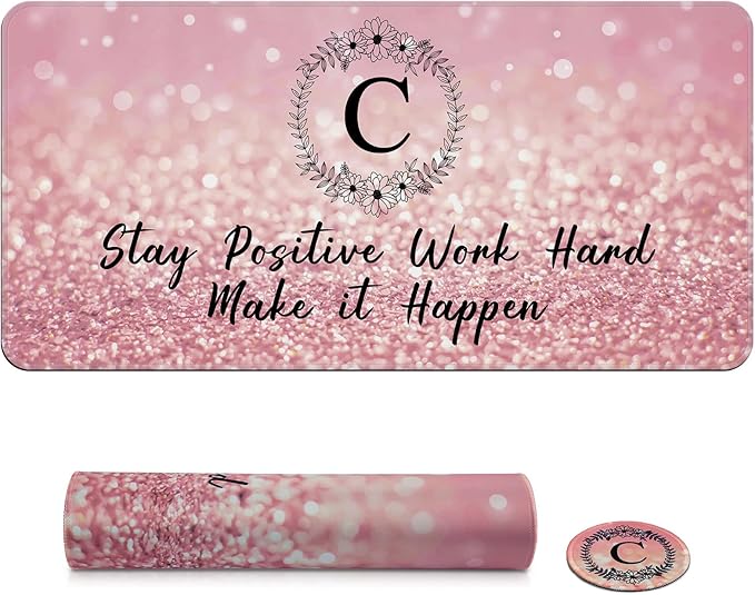 Pink Large Gaming Mouse Pad with Coaster, Desk Mat, Mouse Pad for Computer Keyboard Laptop Office Decor, Stitched Edges Extended Mousepad, 31.5'' x15.6''-Letter C