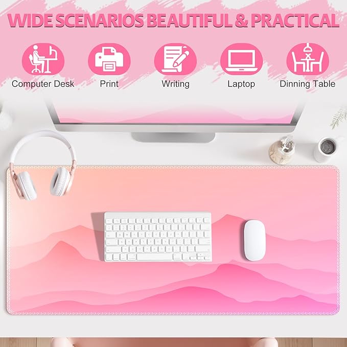 Desk Mat for Keyboard and Mouse, Large Mouse Pad Non-Slip Keyboard Pad, Computer Mats for Desktop, Cute Desk Pad with Stitched Edges for Office, Gaming I Pink Mountains