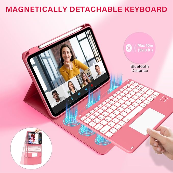 for iPad A16 11th 10th Case with Keyboard: Backlit Keyboard Case with Trackpad & Pencil Holder, Magnetic Detachable for Students Daily Learning & Note-Taking, Watermelon Red