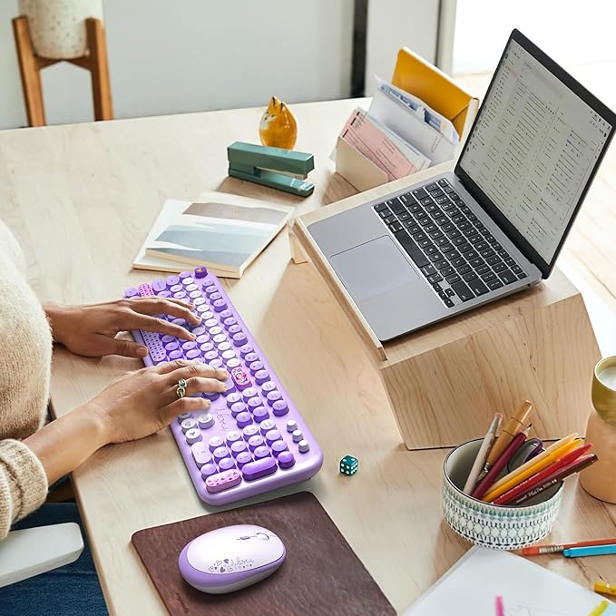 MOFII Wireless Keyboard and Mouse Combo, Full-Size Retro Typewriter-Style Wireless Keyboard with Optical Mouse for Computer/Laptop/Windows/Mac (Purple Mixed)