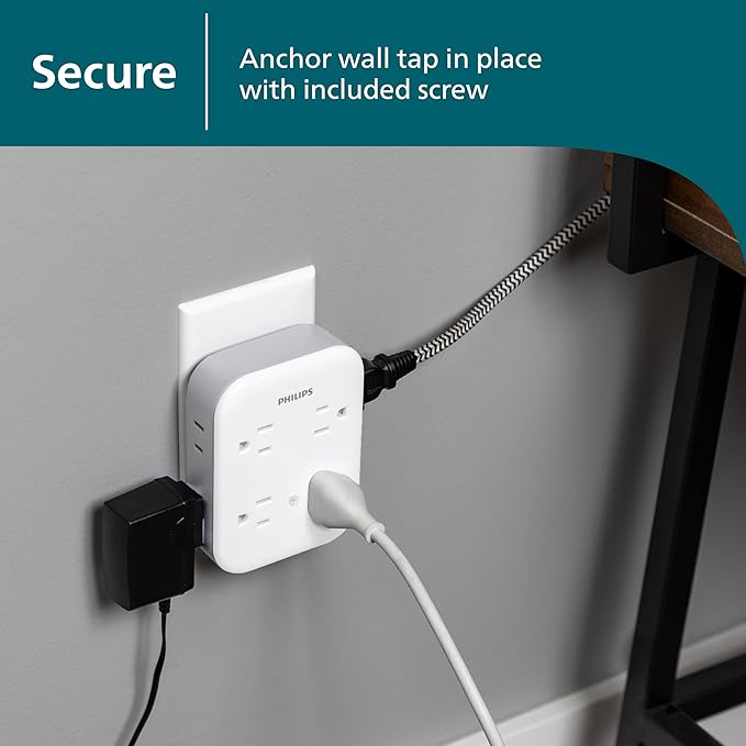 Philips All-in-One Surge Tap, 4 Grounded & 4 Polarized Outlets, 1140 Joules, Adapter-Spaced Design, ETL Certified, White/Gray, SPP3993W/37