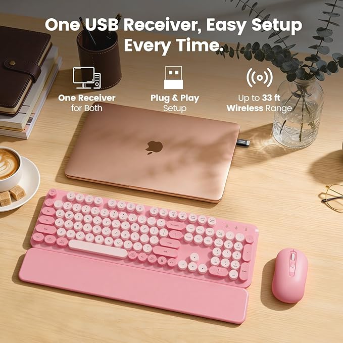 Wireless Keyboard and Mouse Combo with Magnetic Wrist Rest & Round Keycaps, Full-Size Retro Typewriter-Style, Adjustable Tilt Legs, Auto-Sleep, 2.4G Wireless for Windows Mac Laptop PC - Bubblegum Pink