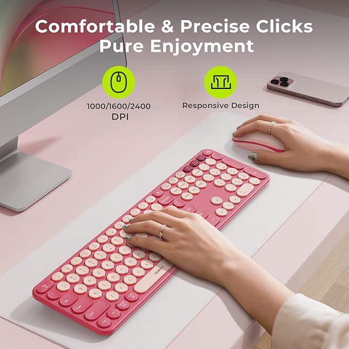 seenda Wireless Bluetooth Keyboard and Mouse Combo, COE202 Retro Cute Round Keycaps, 3 Multi-Device Connection, Full Size Keyboard Compatible for PC/Laptop/Mac/MacBook/iPad/Tablet, Pink