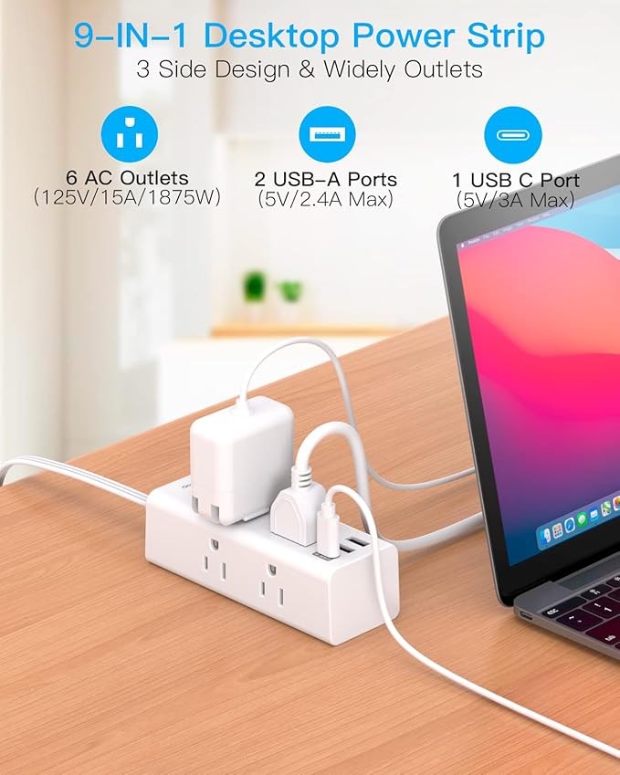 1Ft Extension Cord with Multiple Outlets, Flat Plug Power Strip Surge Protector with 1 Ft Cord, 6 Outlet 3 USB Ports (1 USB C), Multi Outlet Wall Plug for Travel, College, Dorm Room Essentials