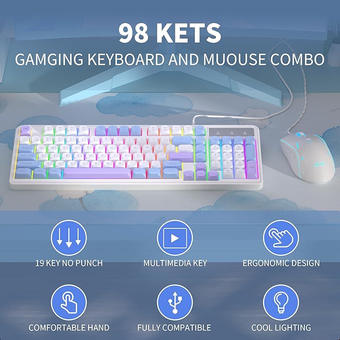 Camiysn Wire Gaming Keyboard, 7 Colorful Rainbow Backlight Classic Gaming Keyboard (BlueWhite-Set)