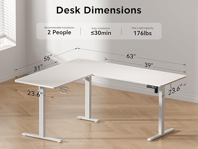 63X55 Inches Reversible L Shaped Standing Desk Height Adjustable with Cup Holder, Electric Corner Computer Desk, Sit Stand up Home Office Desk, Ergonomic Gaming Desk, White