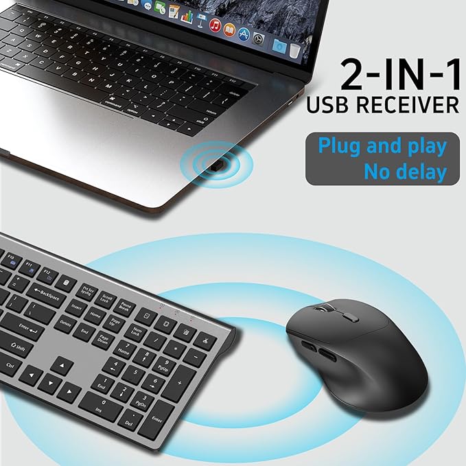Wireless Keyboard and Mouse Combo, Full-Size Slim Keyboard with Numeric Keypad, Calculator Button, 2400 DPI Ergonomic Large Mouse for Right Hand, USB Cordless Set for Laptop PC Windows - Black & Grey