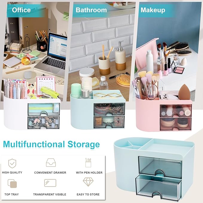 Desk Organizer with Drawer, Pen Organizer for Desk, Small Pencil Holder, Desk Organizers and Accessories for Office Home Storage (2 Drawers+4 Compartments, Blue)