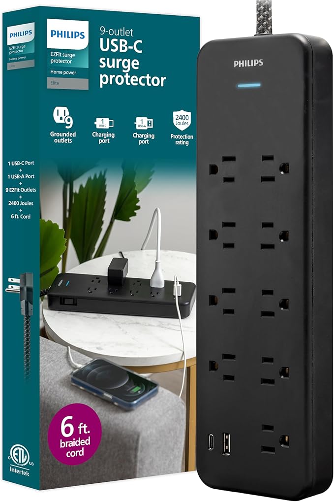 Philips 9-Outlet Surge Protector with USB Charging, 6ft Braided Extension Cord, 1USB-A, 1USB-C, 2400J, Adapter Spaced, Black - SPP3983B/37