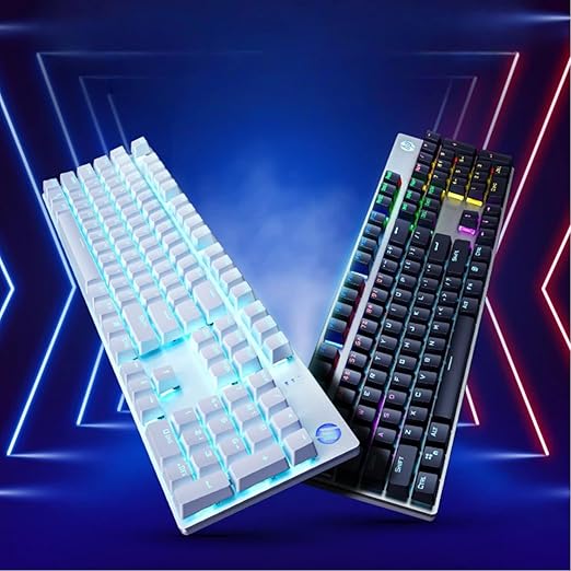 HP GK400F Mechanical Gaming Keyboard, Wired USB, 104 Keys Full Size, Tactile Brown Switch, Blue LED Backlit, Anti-Ghosting, Ergonomic Metal Panel, ABS Keycaps, Silver & White