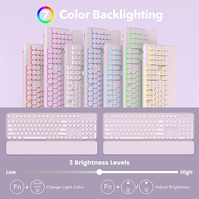 Wireless Keyboard and Mouse Combo, Backlit Round Keycaps, Retro Typewriter Keyboard with Magnetic Wrist Rest, USB-C Rechargeable & Tilt Legs, 2.4GHz Cordless for Mac Windows PC (Glowing Pastel Purple)