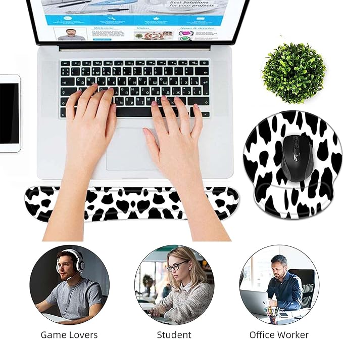 Keyboard Wrist Rest and Mouse Pad Wrist Support Set,Ergonomic Memory Foam Wrist Pad & Non Slip Base for Home Office Working Studying Easy Typing,Pain Relief,Cow Pattern