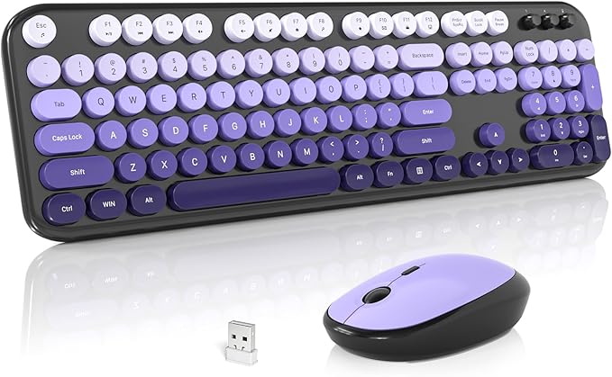 MOFII Wireless Keyboard and Mouse Combo, Cute Keyboard Full Size and Wireless Mouse, 2.4GHz Retro Typewriter Keyboard Mouse Set for PC/Desktop/Laptop/Windows (Black Purple)