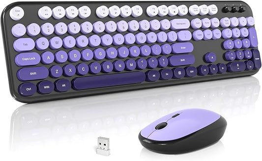 MOFII Wireless Keyboard and Mouse Combo, Cute Keyboard Full Size and Wireless Mouse, 2.4GHz Retro Typewriter Keyboard Mouse Set for PC/Desktop/Laptop/Windows (Black Purple)