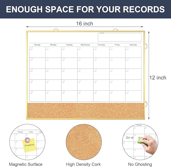 Calendar Whiteboard for Wall, 16"X12" Small Dry Erase Board Cork Board Combo, Hanging Double-Sided Magnetic White Board Monthly Calendar for Office, Kitchen, Home, Planner, Memo