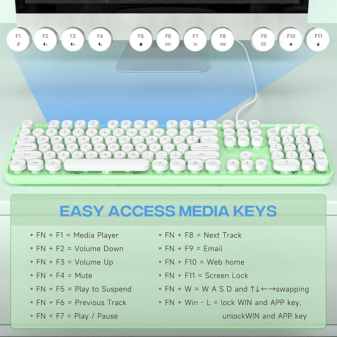 Computer Keyboard Wired, Plug and Play USB Retro Round Typewriter Keyboard, Full Size Wired Keyboard with Foldable Stands for Laptop and Office PC- Green&White Colorful