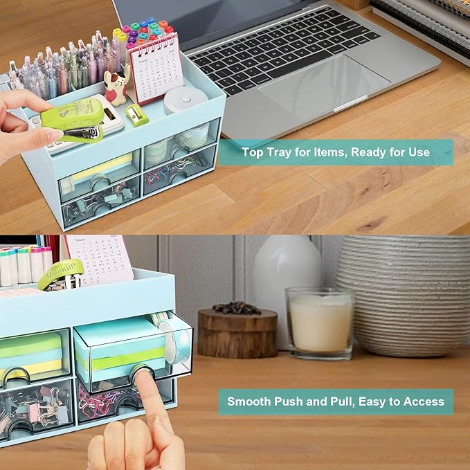 Desk Organizer, Office Organizer with Drawer, Desk Accessories & Workspace Organizers, Pen Holder Office Supplies for Desk (4 Drawers+4 Compartments, Blue)