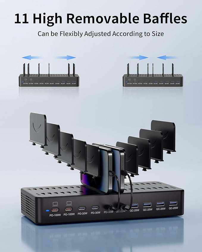 580W Charging Station for Multiple Devices, 10-Port USB C Fast Charger Station, Dual PD 100W Charging Dock with Adjustable Dividers & 6 Cables-Device Organizer for Laptop MacBook, iPhone, iPad