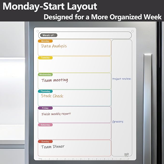Magnetic Weekly Calendar for Fridge (Monday Start), Vertical Dry Erase Planner with Large Writing Space & Side Notes – Includes 6 Markers, Reusable Whiteboard for Busy Schedules