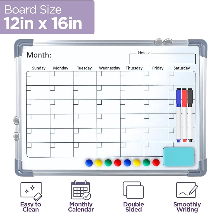 Large White Board Calendar Dry Erase Planner, Dual Side Magnetic Whiteboard for Fridge, Family Calendar Planning Boards w/Movable Hooks, Monthly Whiteboard with Lines, Memo, Pens & Eraser (16x12)