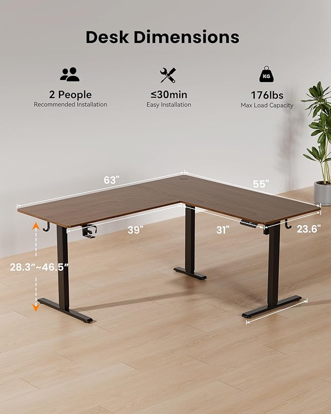 63 Inches Reversible L Shaped Standing Desk for Home Office, Electric Height Adjustable Corner Computer Desk, Sit Stand up Table with Cup Holder, Ergonomic Gaming Desk, Black Walnut
