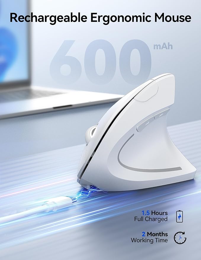 TECKNET Ergonomic Mouse Wireless, Rechargeable Mouse Silent for Carpal Tunnel Right Hand, 2.4GHz USB Vertical Mouse Wireless for Laptop, 5 Adjustable 4800 DPI, Computer, MacBook, Desktop