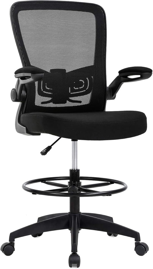 BestOffice Drafting Chair Tall Office Chair Adjustable Height with Lumbar Support Flip Up Arms Footrest Mid Back Task Mesh Desk Chair Computer Chair Drafting Stool for Standing Desk, Black