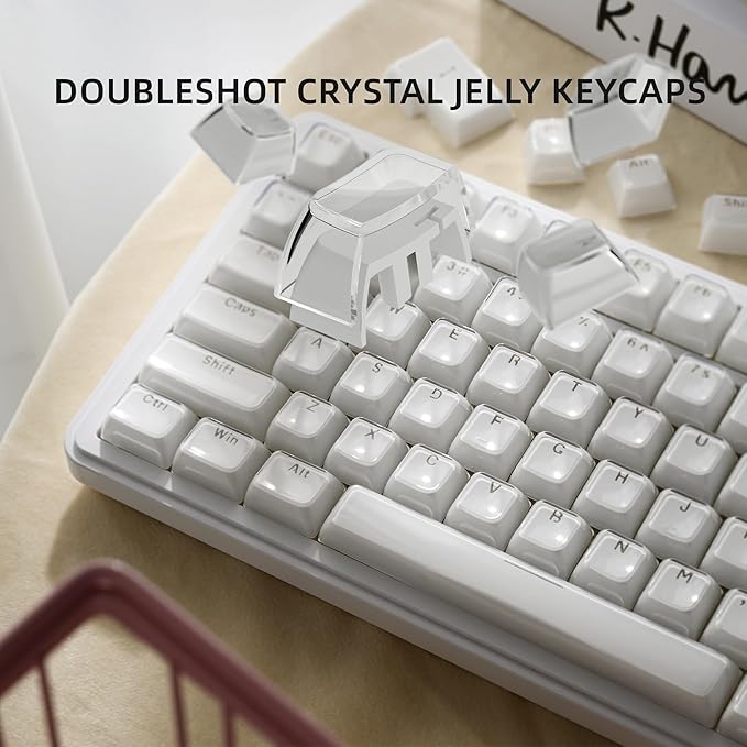 XVX Jelly Keycaps, Ceramic Style Keyboard Keycaps, White Shine Through Keycap Set OEM Profile Compatible with 61/68/84/87/98/100 ANSI and ISO Layout MX Switches Mechanical Keyboard