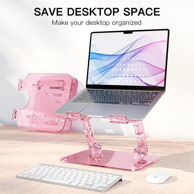 Pink Acrylic Adjustable Laptop Stand,Adjustable Height Foldable Laptop Riser for Desk, Clear Portable Laptop Holder Ergonomic Computer Stand,Compatible with 10-17.3” Laptops (Pink)