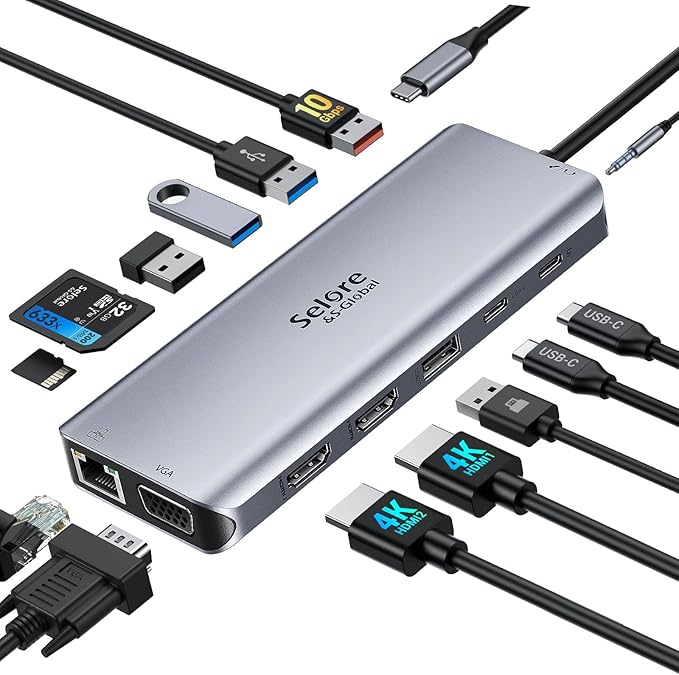 USB C Docking Station Dual Monitor, 14-in-1 Triple Display Dual 4K HDMI & VGA, 10Gbps Data Transfer, 100W PD, Gigabit Ethernet, SD/microSD Card Reader, Audio - USB-C Hub for Dell HP Lenovo MacBook